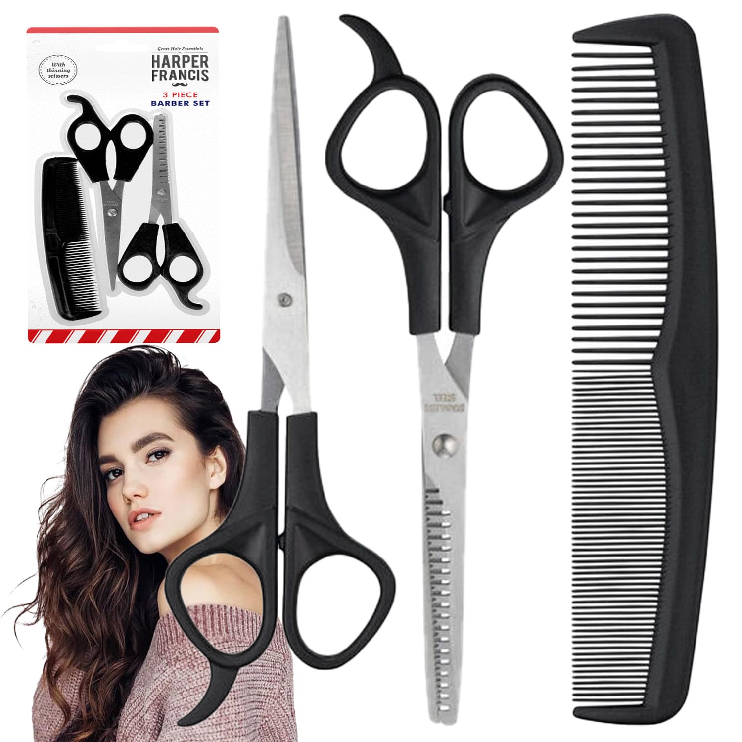 Nożyczki Fryzjerskie Degażówki Grzebień do Włosów Zestaw Barberski 3w1 1 Nożyczki Fryzjerskie Degażówki Grzebień do Włosów Zestaw Barberski 3w1