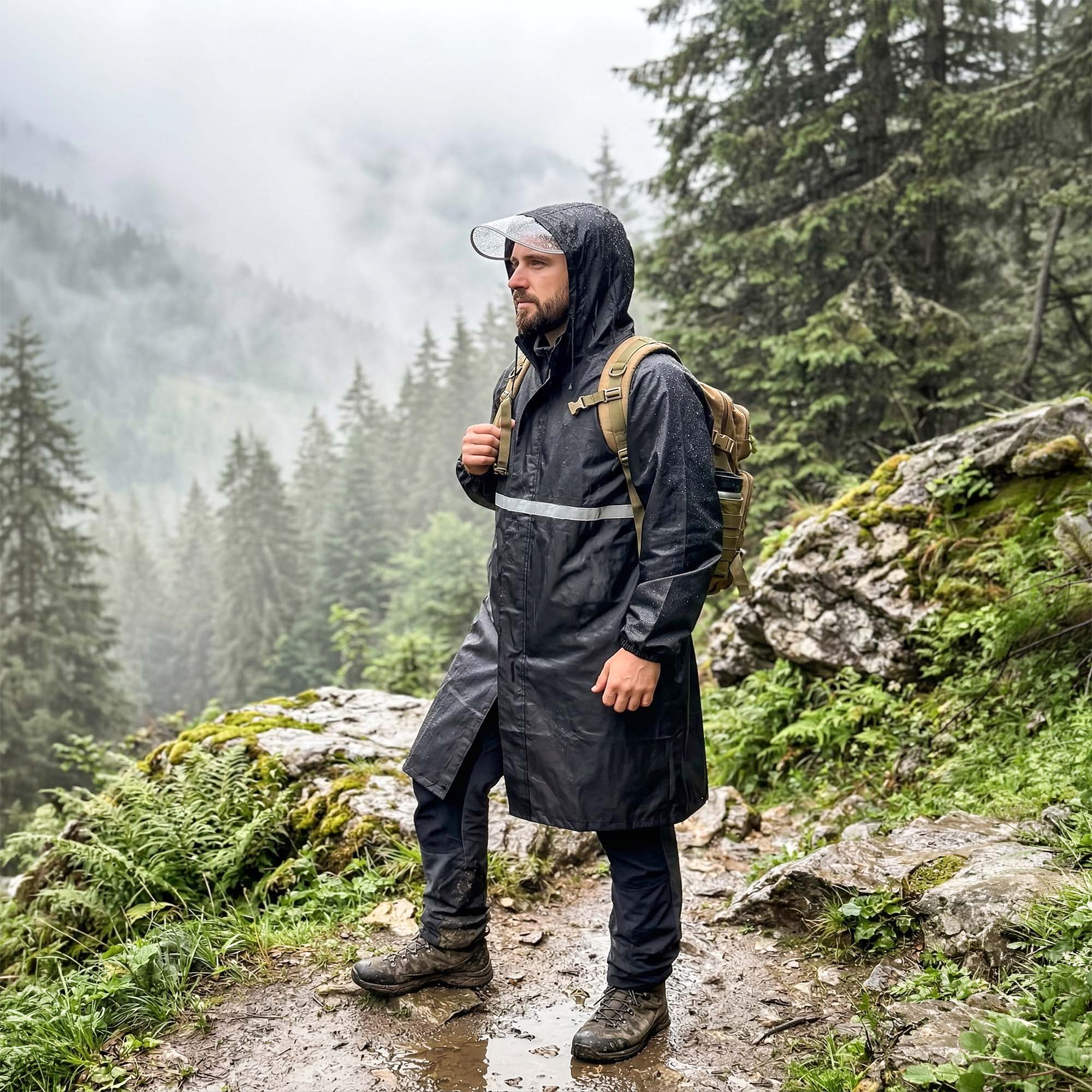 Płaszcz Przeciwdeszczowy Peleryna Ponczo z Kapturem Damski Męski Duży z Daszkiem i Odblaskiem 8 Płaszcz Przeciwdeszczowy Peleryna Ponczo z Kapturem Damski Męski Duży z Daszkiem i Odblaskiem - obrazek 8