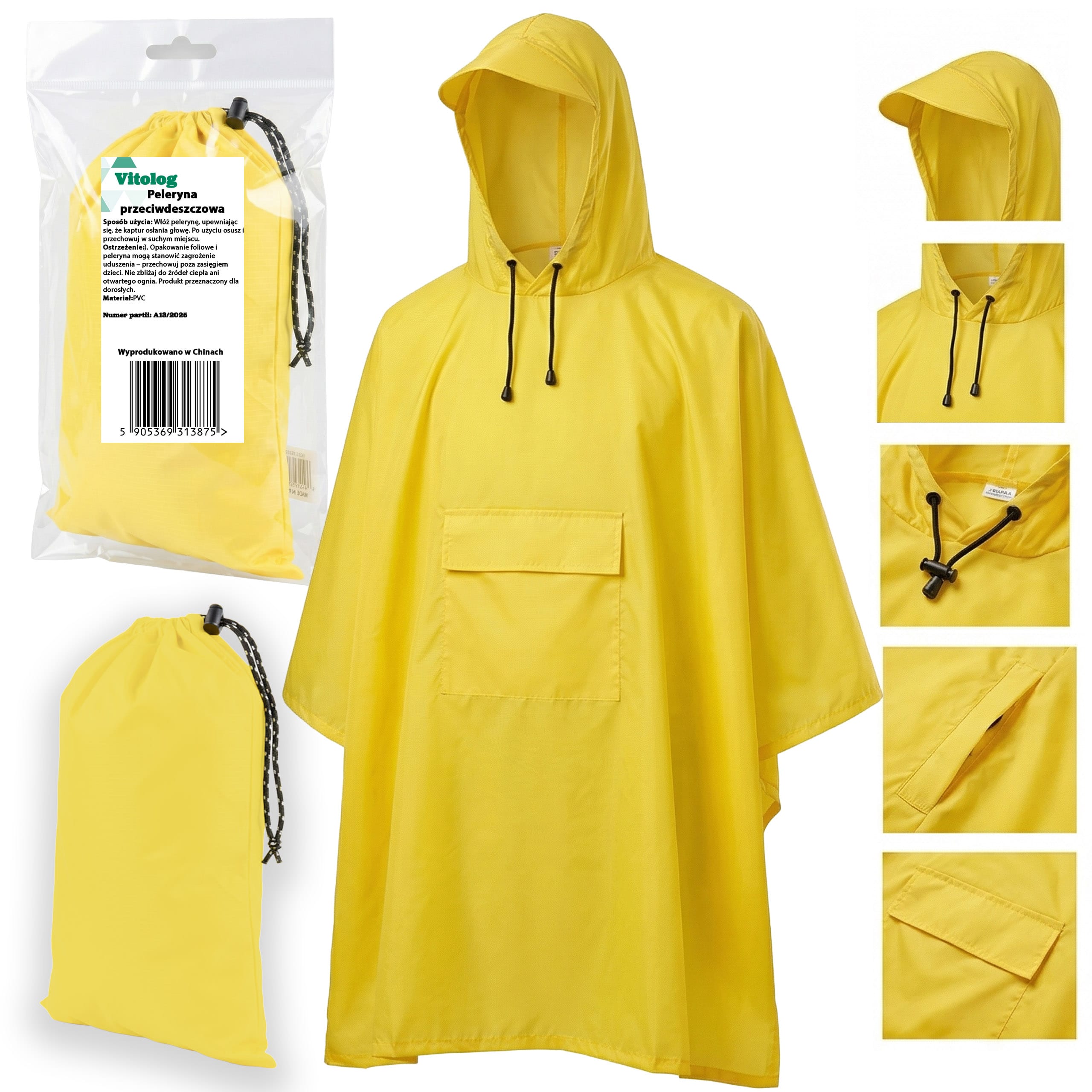 Płaszcz Przeciwdeszczowy Peleryna Ponczo z Kapturem Damski Męski Duży Żółty z Kieszenią i Daszkiem 1 Płaszcz Przeciwdeszczowy Peleryna Ponczo z Kapturem Damski Męski Duży Żółty z Kieszenią i Daszkiem