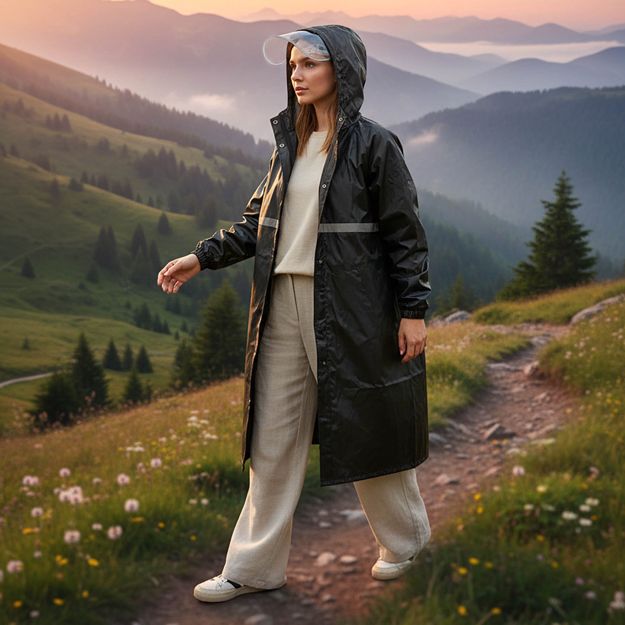 Płaszcz Przeciwdeszczowy Peleryna Ponczo z Kapturem Damski Męski Duży z Daszkiem i Odblaskiem 3 Płaszcz Przeciwdeszczowy Peleryna Ponczo z Kapturem Damski Męski Duży z Daszkiem i Odblaskiem - obrazek 3