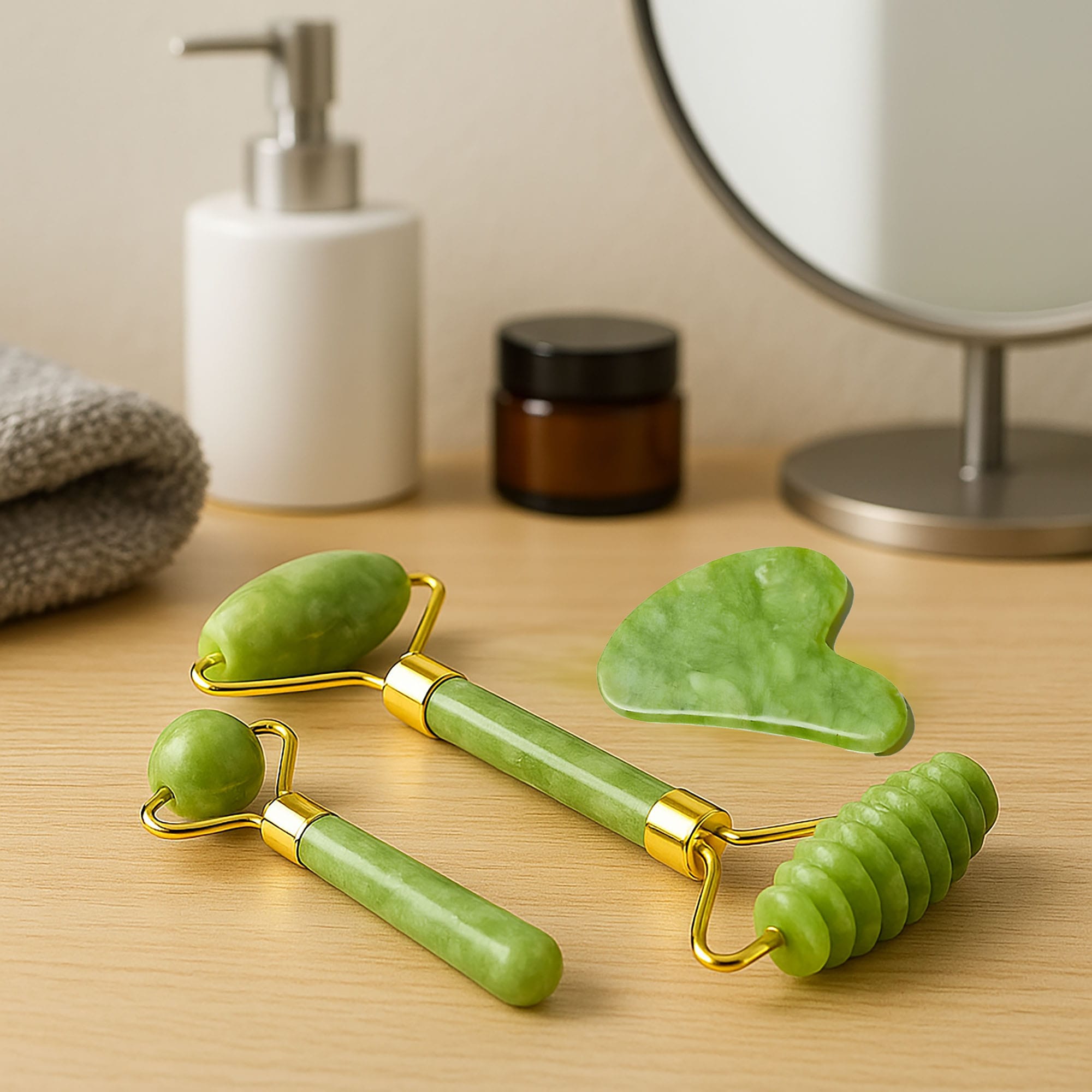 Masażer jadeitowy roller do masażu twarzy szyi pod oczy kamień gua sha 3w1 8 058c32b2e9484313d0664372a2854dae